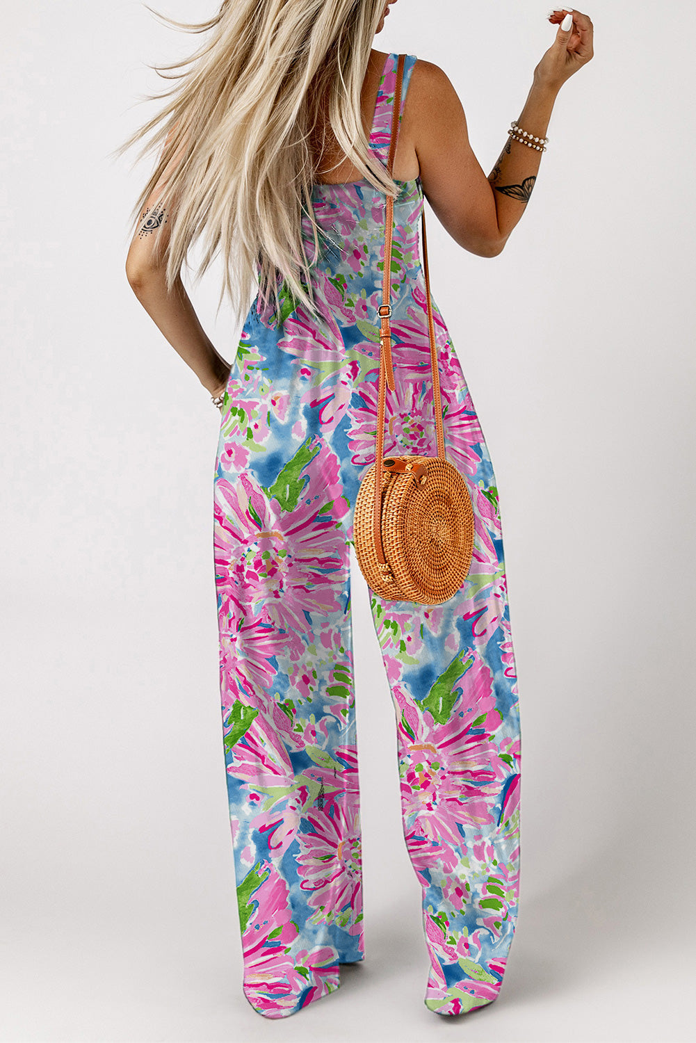 Floral Smocked Square Neck Jumpsuit with Pockets - felvior