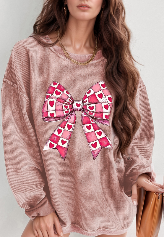 Valentine’s Day Bow Drop Shoulder Long Sleeve Sweatshirt - felvior