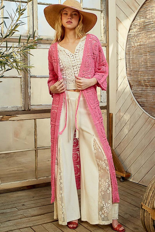 POL Tied Crochet 3/4 Sleeve Longline Cardigan - felvior