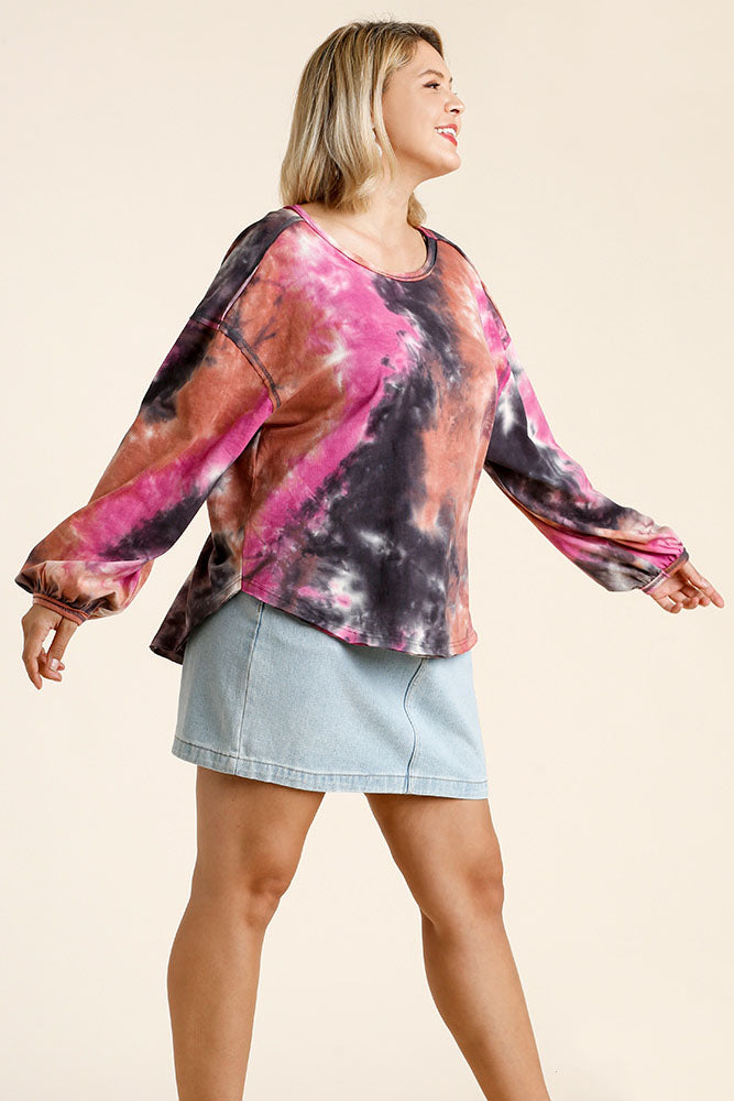 Umgee Full Size Tie Dye Round Neck Long Balloon Sleeve Top Plus Size - felvior
