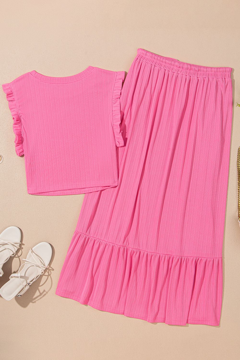 Ruffle Trim Round Neck Top and Drawstring Skirt Set - felvior
