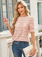 Openwork Round Neck Short Sleeve Top