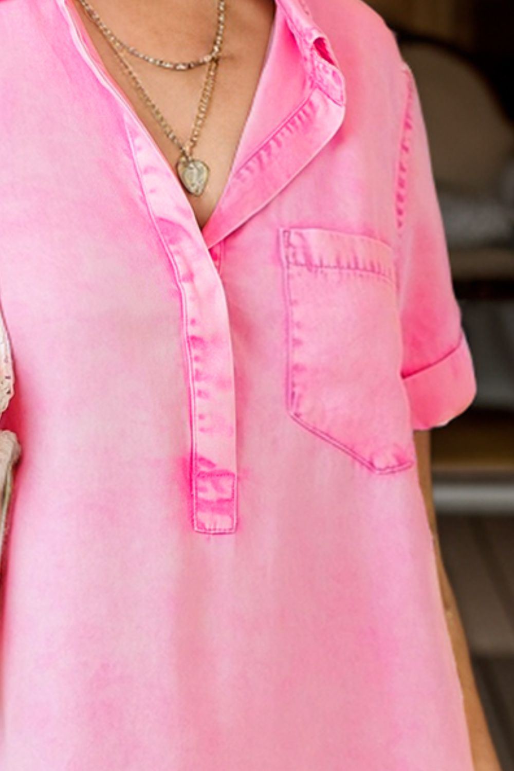 Pocketed Collared Neck Short Sleeve Denim Dress - felvior