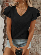 Eyelet V-Neck Ruffled Cap Sleeve Top