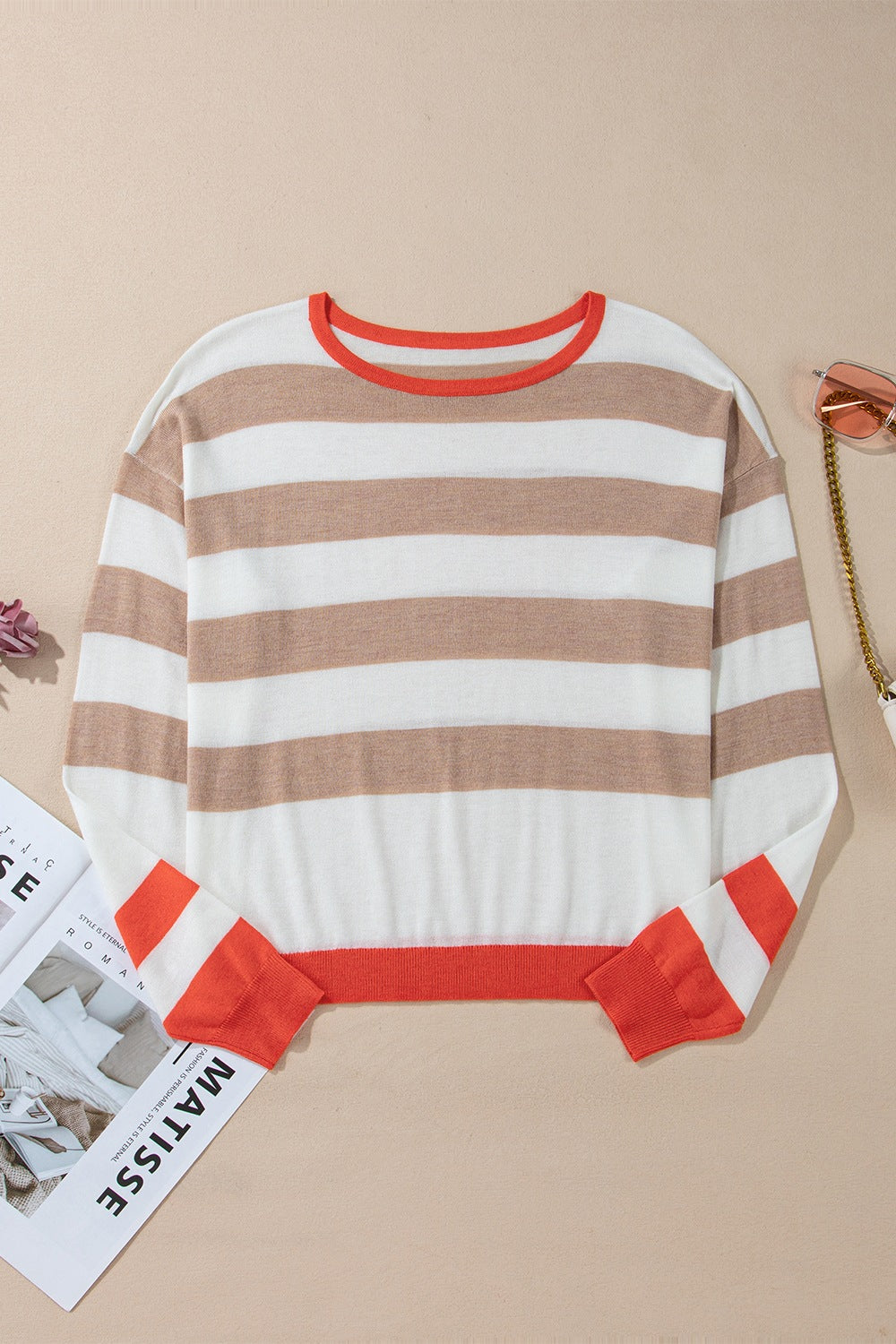 Contrast Striped Round Neck Drop Shoulder Knit Top - felvior