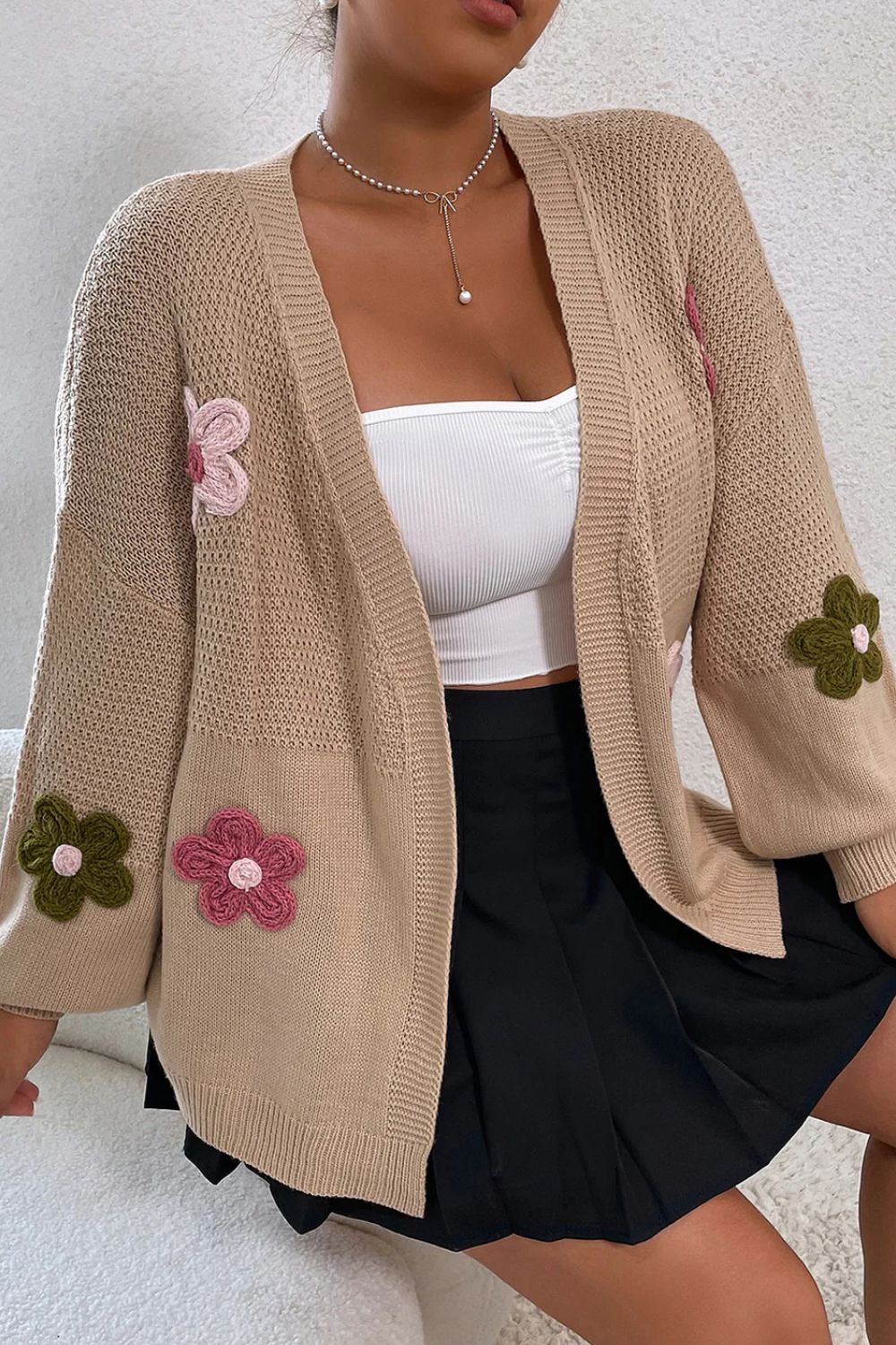 Floral Applique Drop Shoulder Open Front Cardigan - felvior