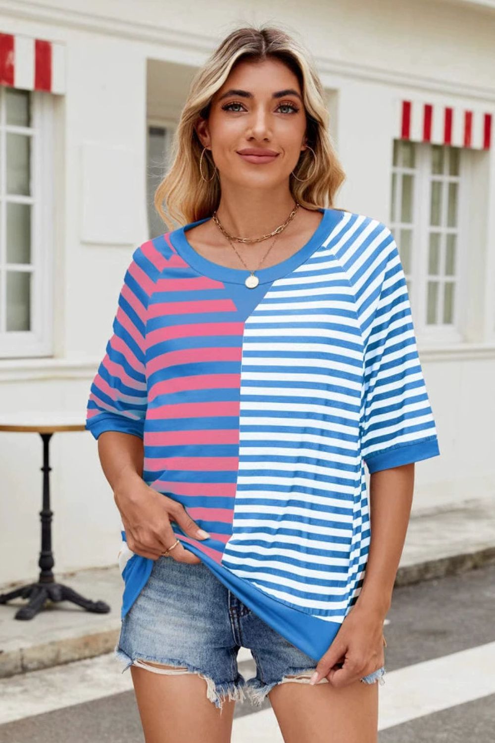 Striped Round Neck Half Sleeve T-Shirt - felvior