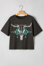 Bull Head Skull Round Neck Short Sleeve T Shirt