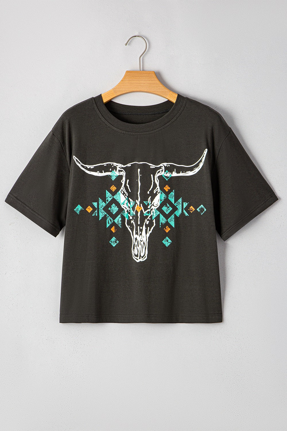 Bull Head Skull Round Neck Short Sleeve T Shirt