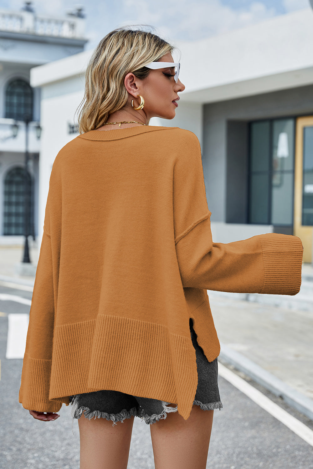 High-Low Slit Round Neck Long Sleeve Sweater - felvior