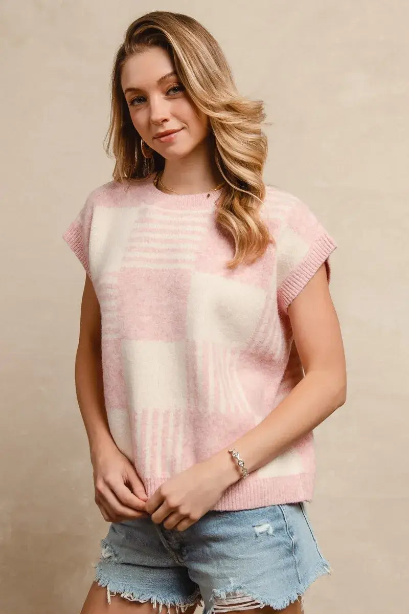 BiBi Checker With Stripes Pattern Sleeveless Sweater