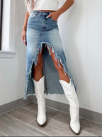 High-Waist Raw Hem Asymmetry Denim Skirt