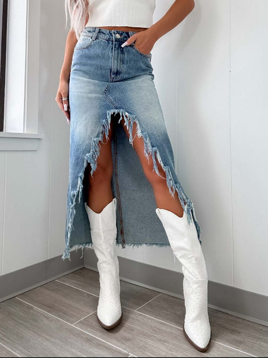 High-Waist Raw Hem Asymmetry Denim Skirt - felvior