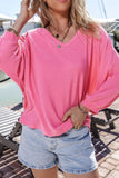Texture V-Neck Long Sleeve Top - felvior