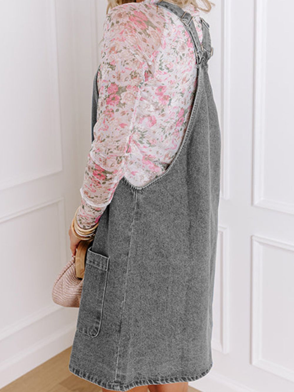 Wide Strap Button Down Denim Overall Dress - felvior