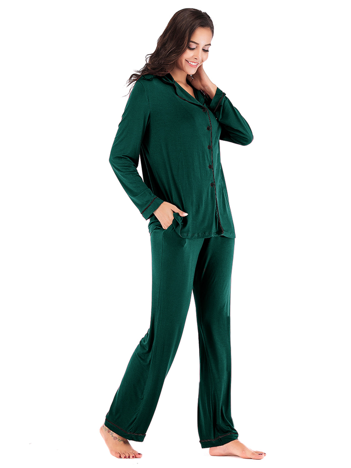 Collared Neck Long Sleeve Loungewear Set with Pockets - felvior