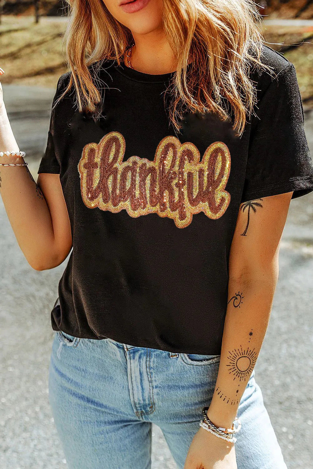 THANKFUL Sequin Round Neck Short Sleeve T-Shirt - felvior