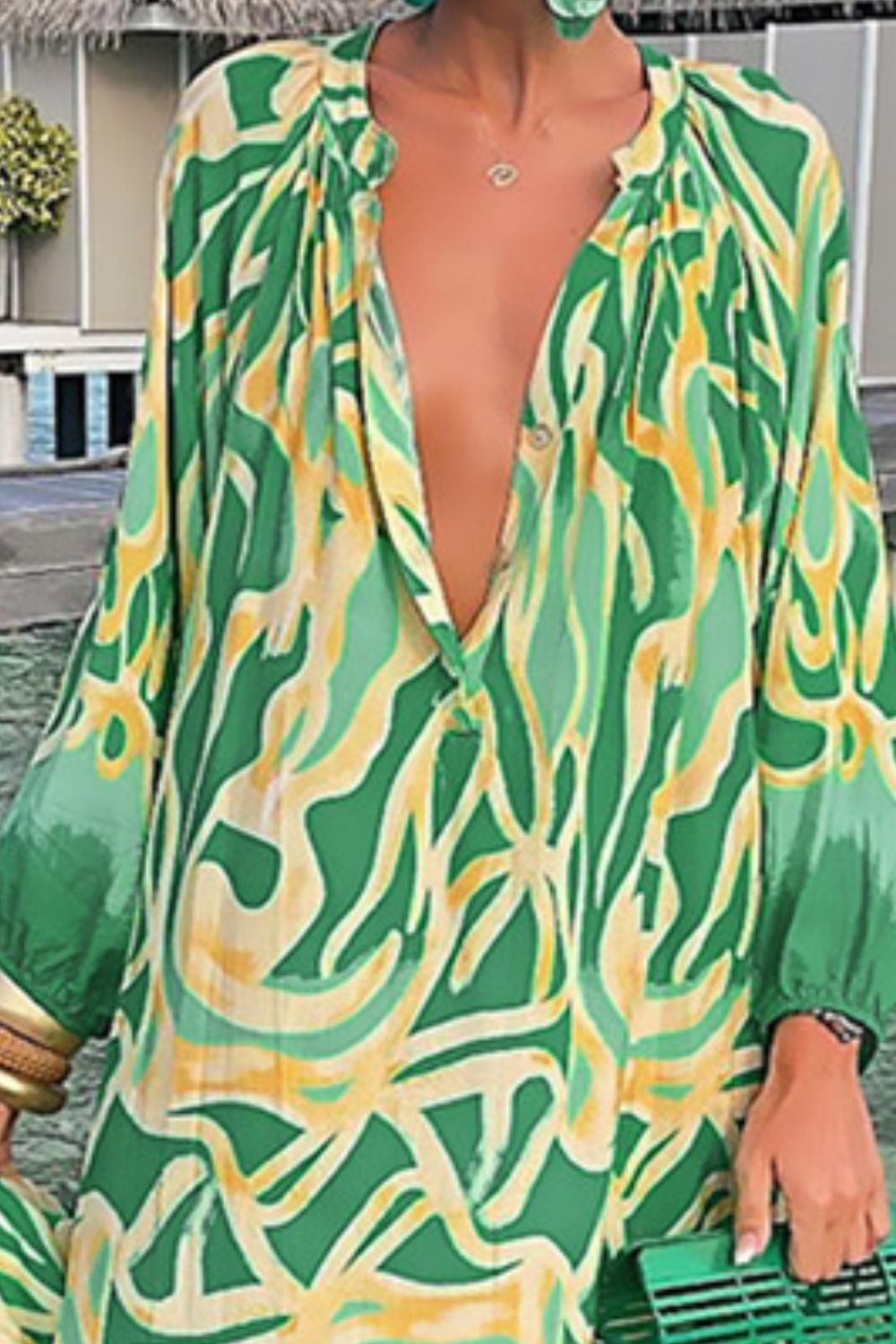 Abstract Print Buttoned Balloon Sleeve Dress - felvior