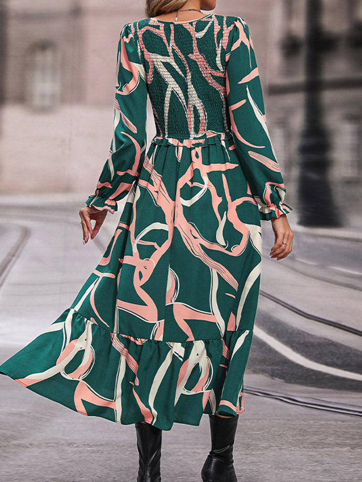 Perfee Printed Smocked V-Neck Three-Quarter Sleeve Midi Dress - felvior