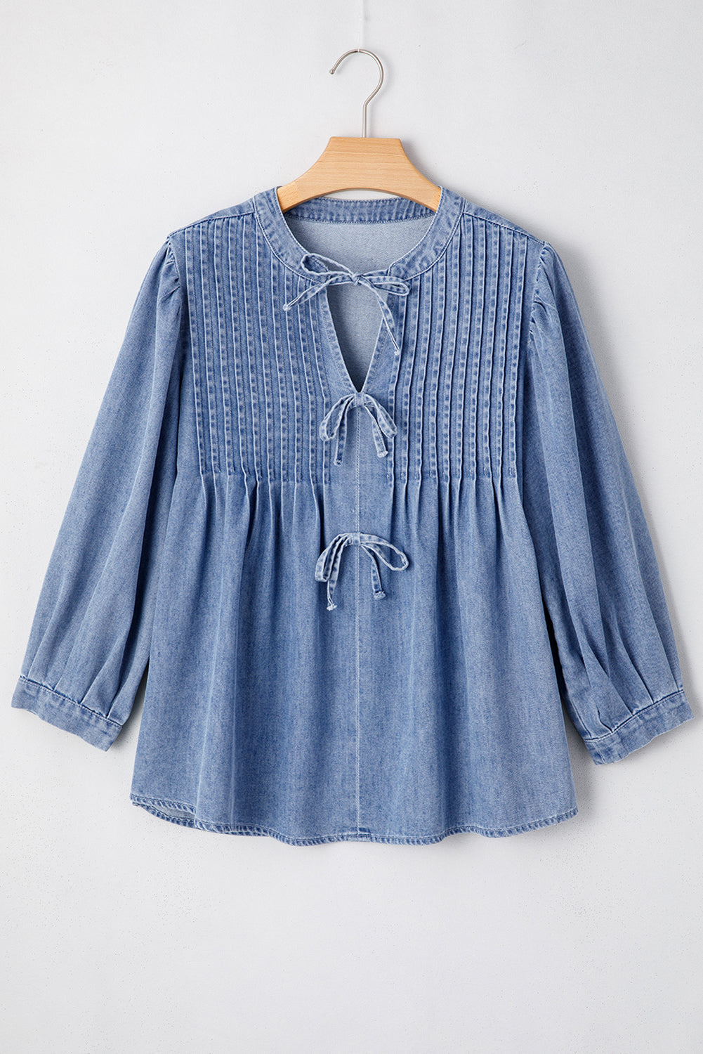 Bow Tie Long Sleeve Denim Top - felvior