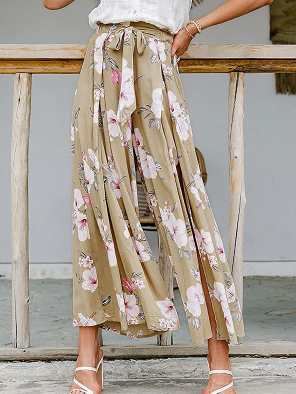 Tied Waist Slit Floral Wide leg Pants