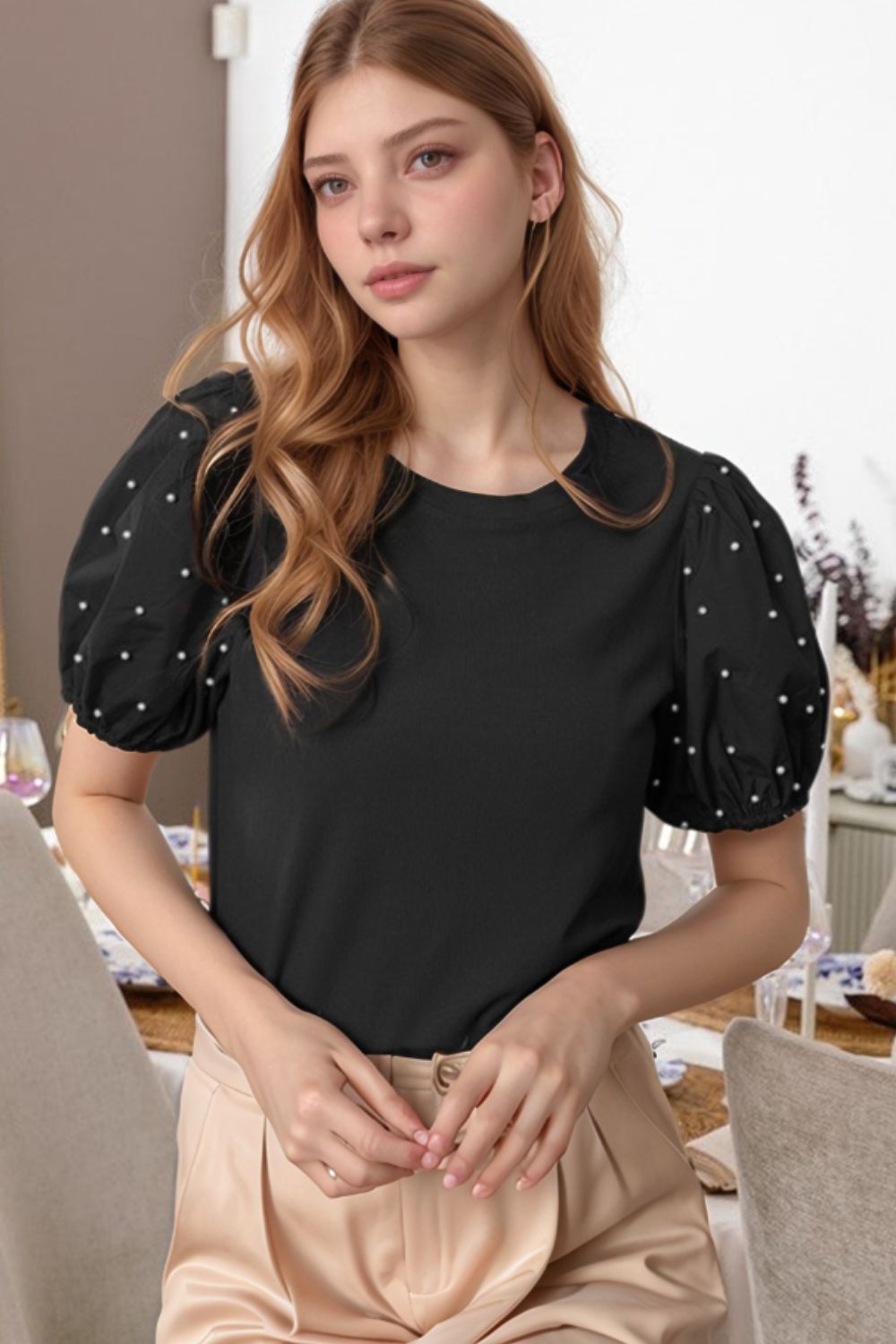 Pearl Detail Round Neck Short Sleeve Blouse - felvior