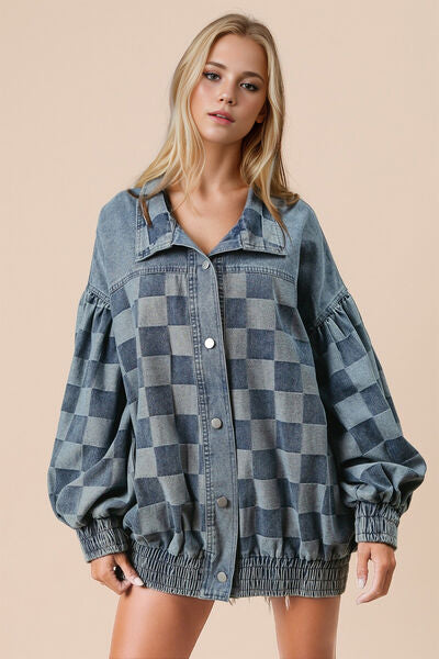Double Take Checkered Button Up Denim Jacket Hauptbild