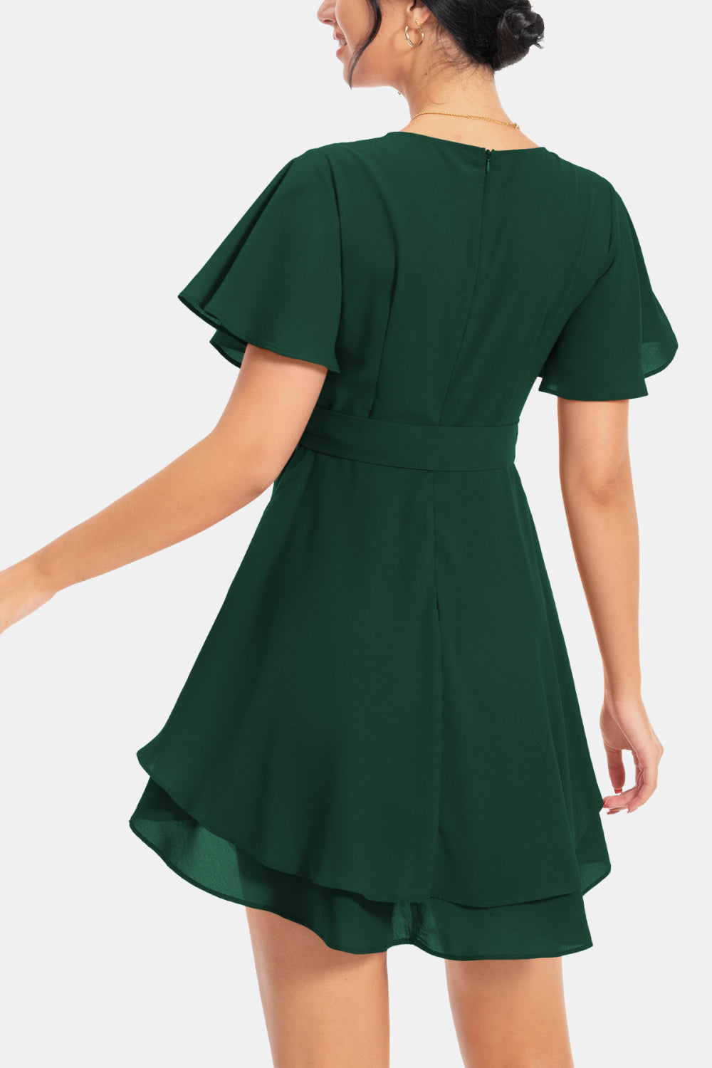 Surplice Neck Flutter Sleeve Dress - felvior