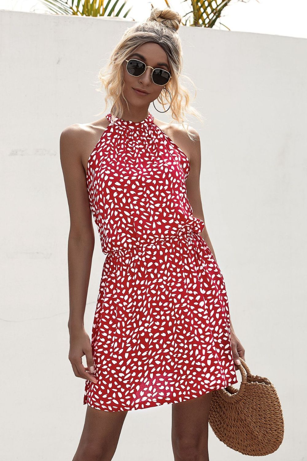 Printed Grecian Neck Mini Dress - felvior