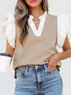 Ruffled Notched Cap Sleeve Top