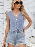 V-Neck Button Down Denim Vest - felvior