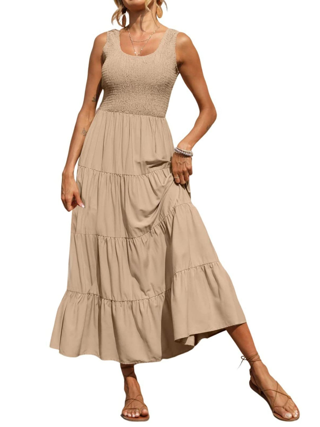 Tiered Smocked Wide Strap Dress - felvior