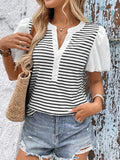 Striped Notched Short Sleeve T-Shirt