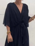 Full Size Flowy Tie Front Midi Dress with Flutter Sleeves Plus Size