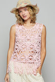 POL Fringe Round Neck Sleeveless Crochet Knit Cover Up - felvior