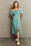 Perfee Swiss Dot Slit Off-Shoulder Dress - felvior