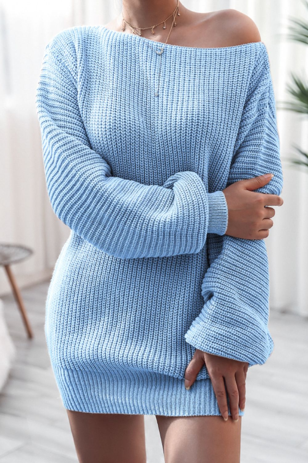 Boat Neck Long Sleeve Mini Sweater Dress - felvior
