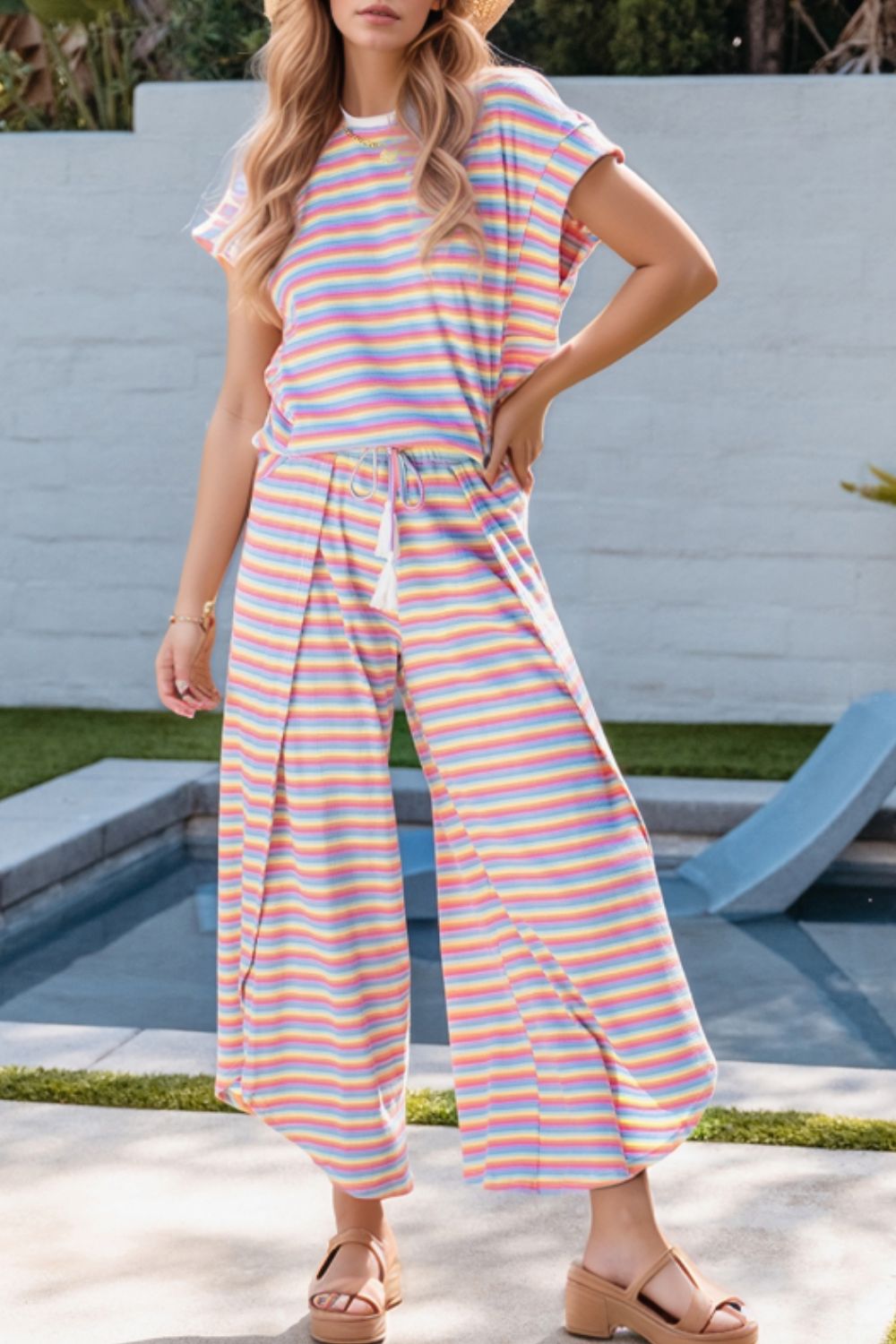 Striped Round Neck Short Sleeve Top and Pants Set