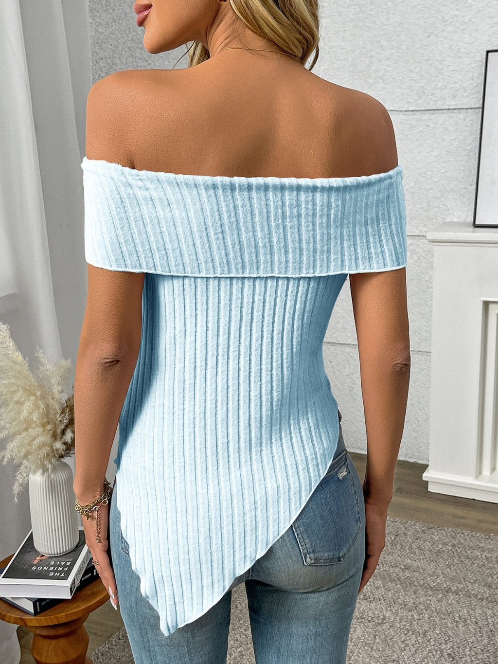 Ribbed Off-Shoulder Asymmetrical Hem T-Shirt