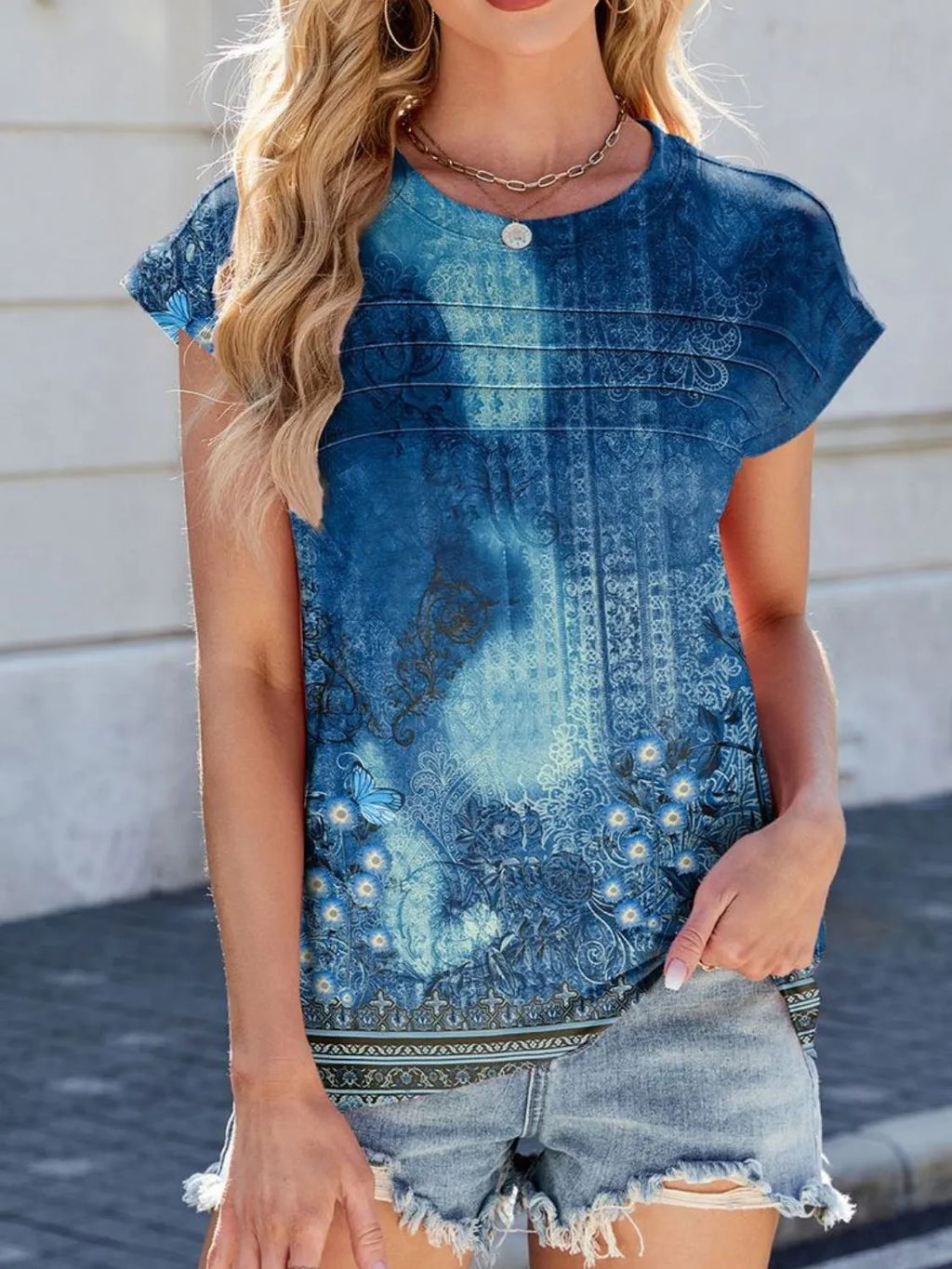 Printed Round Neck Cap Sleeve Top