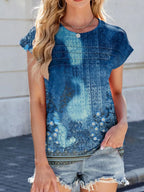 Printed Round Neck Cap Sleeve Top