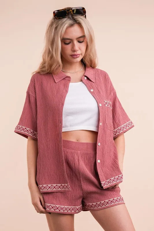 VERY J Crinkled Woven Shirt Top & Shorts Set - felvior