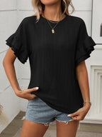 Eyelet Round Neck Flounce Sleeve Top