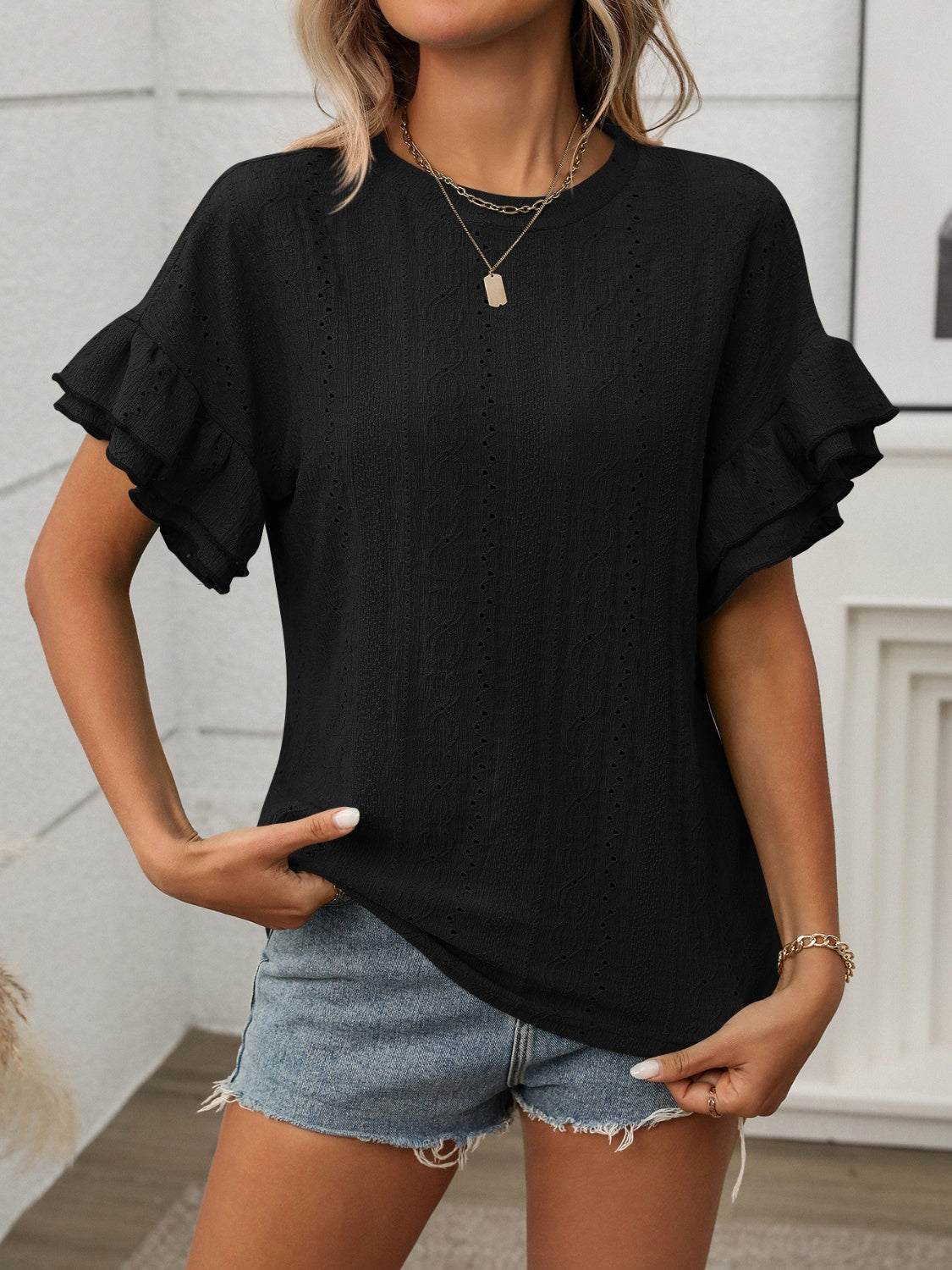 Eyelet Round Neck Flounce Sleeve Top