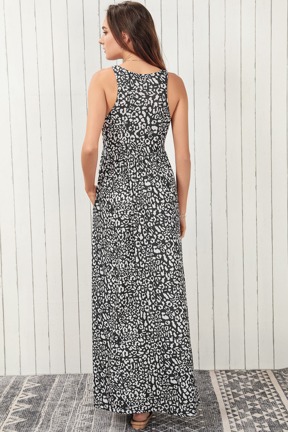 Leopard Round Neck Sleeveless Maxi Dress - felvior