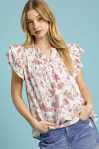 Umgee Full Size Two Tone Boxy Cut Floral Print Blouse Plus Size