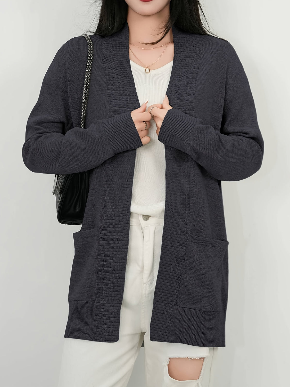 Open Front Long Sleeve Sweater Cardigan - felvior