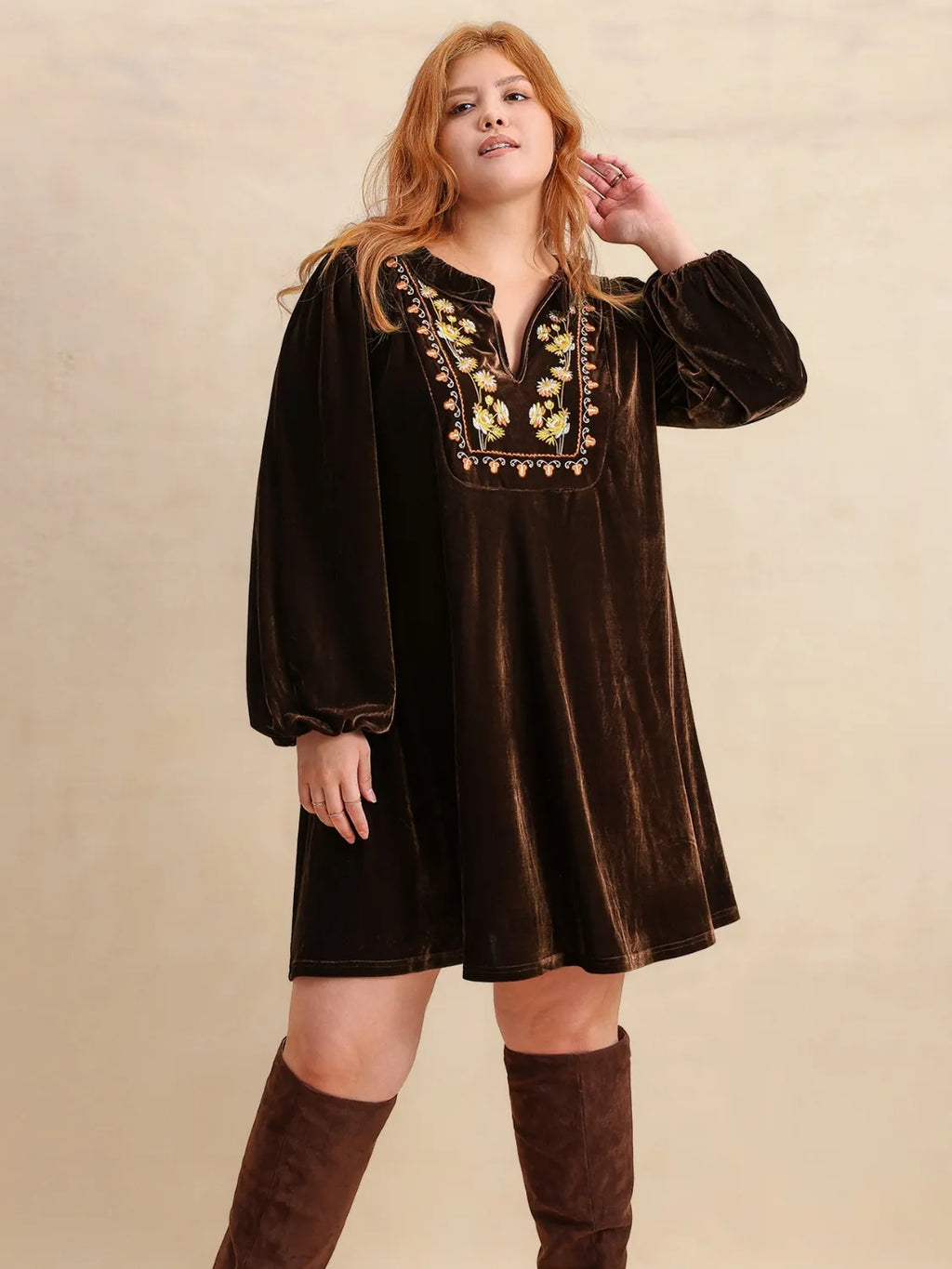 Plus Size Embroidered Notched Balloon Sleeve Mini Dress