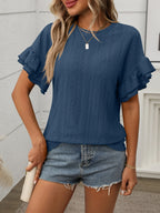 Eyelet Round Neck Flounce Sleeve Top