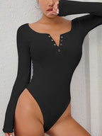 Quarter Snap Ribbed Round Neck Long Sleeve Bodysuit